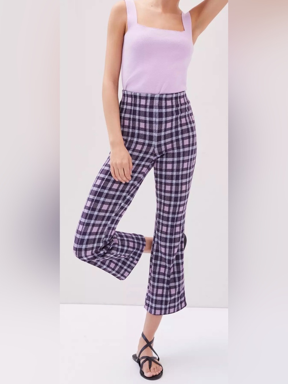 Maeve Lavender Plaid Cropped Flare Pants, Size M